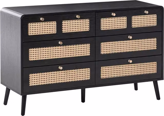 Cassettiera MDF 6 cassetti Gambe in legno Maniglie dorate Stile boho PE Rattan Nero