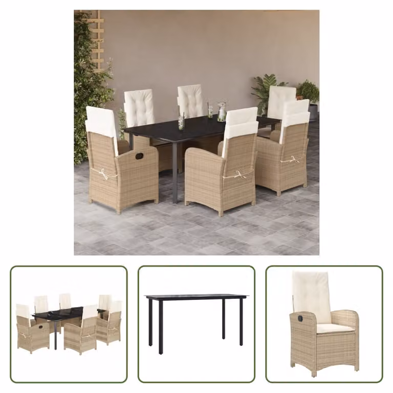 The Living Store Set da pranzo da giardino 7 pezzi con cuscini Beige poly rattan