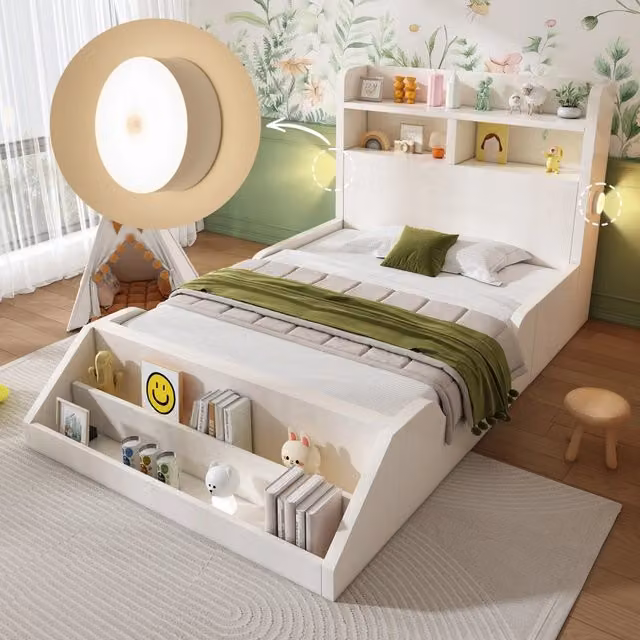 Letto singolo con rete a doghe 90 × 200 cm in legno bianco con luci notturne e libreria rimovibile