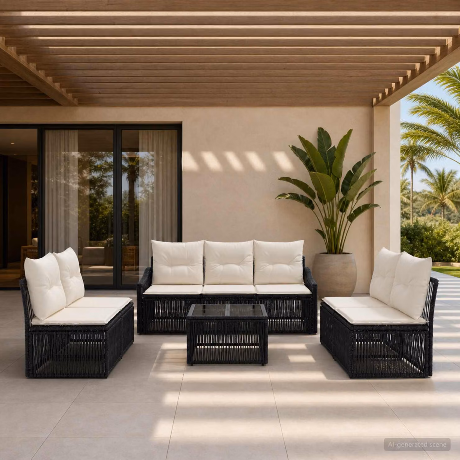 Set Divano da Giardino Moderno vidaXL 8 Pezzi in Polyrattan Nero con Cuscini e Tavolino da Esterno