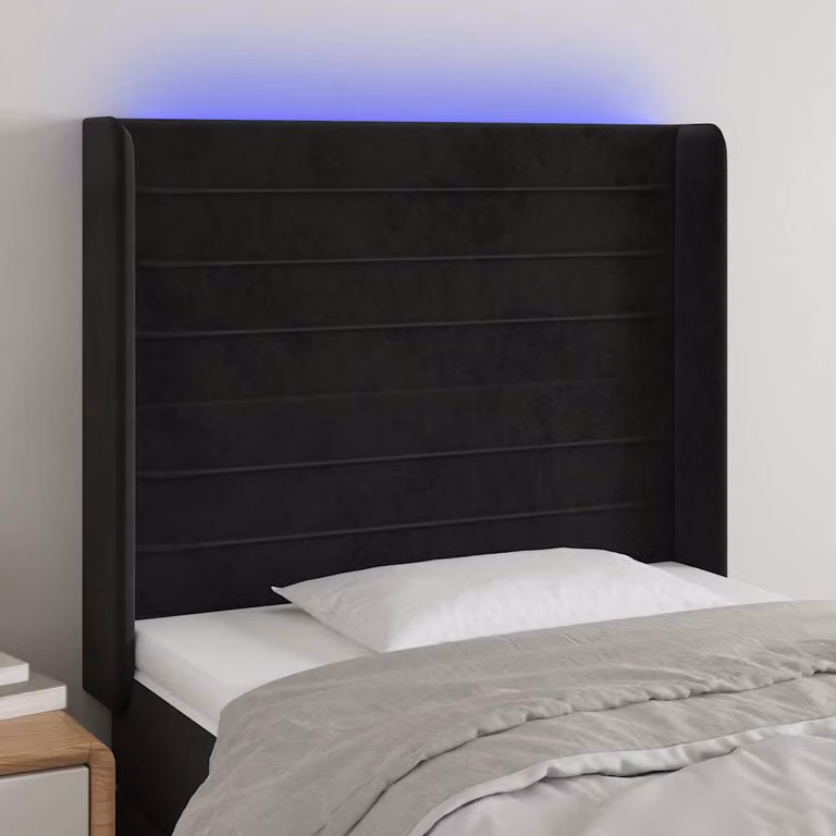 Testiera per letto vidaXL in velluto nero con illuminazione LED e porte di ricarica USB, L/P/H: 83 x 16 x 118/128 cm