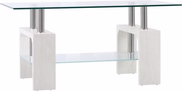 Tavolino da Caffè Moderno GIORDANOSHOP con 2 Livelli in Vetro Trasparente e Legno Bianco L: 90 cm, P: 50 cm, H: 42 cm