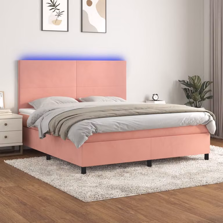 Letto a Molle con Materasso Ibrido vidaXL in Velluto Rosa con Illuminazione LED e Porte USB L/P/H: 160 x 200 x 128 cm