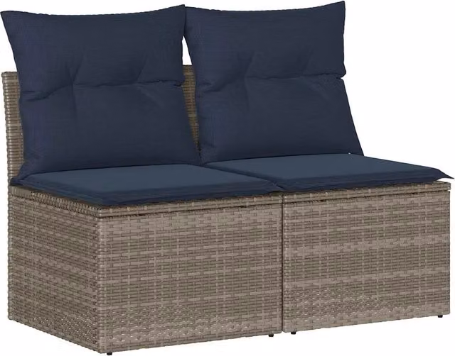 Set Divano da Giardino 2 Posti in Polyrattan Acacia con Cuscini Grigio e Blu e Struttura in Metallo