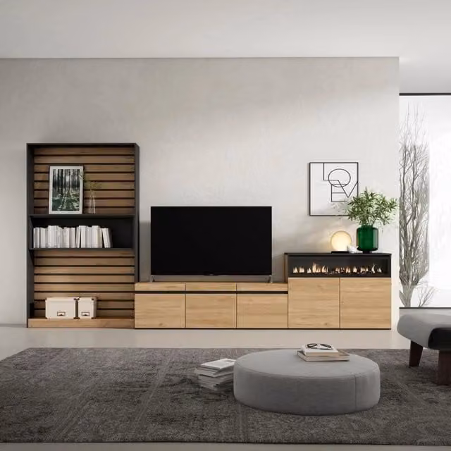 Mobile TV da soggiorno SKRAUT HOME con camino elettrico e illuminazione integrata, Rovere e Nero, L: 360 cm, P: 35 cm, H: 186 cm – 1
