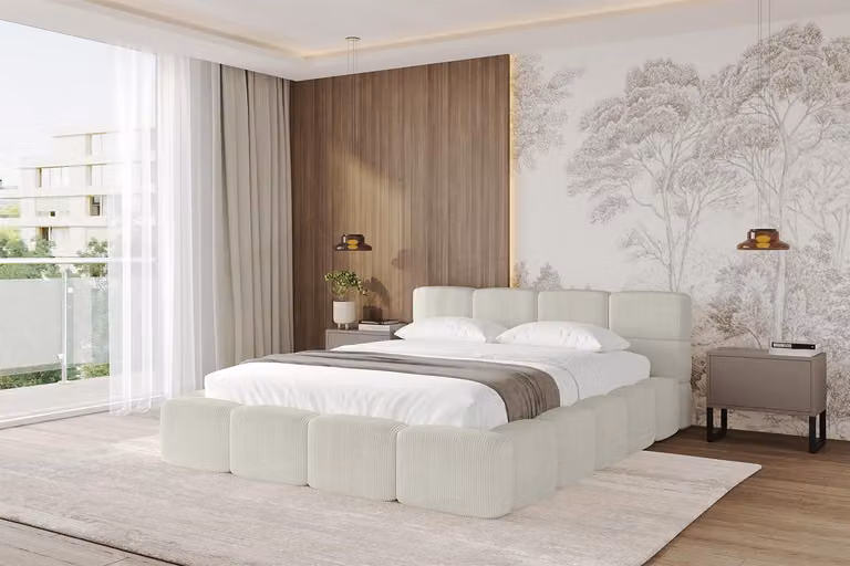 Letto imbottito ALTDECOR con contenitore - NATA-v1 - 200x200 beige - Poso 100: letto con materasso H3/H4, testiera, letto a cassettone, letto matrimoniale con contenitore