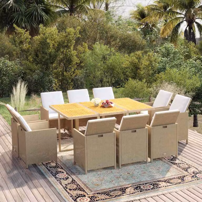 vidaXL Set da Pranzo da Giardino Moderno in Polyrattan e Legno di Acacia con 11 Cuscini Beige e Bianco