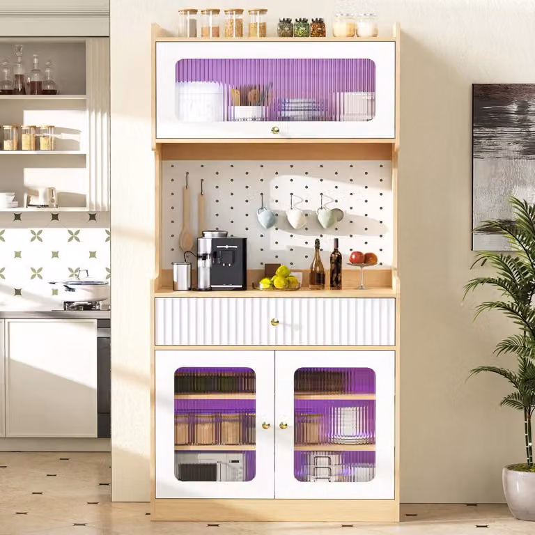Mobile contenitore moderno per cucina con illuminazione a LED, vetro smerigliato, pannello forato, mobiletto buffet, mobiletto per stoviglie, ideale per cucina o sala da pranzo, colore naturale/bianco, 80 cm