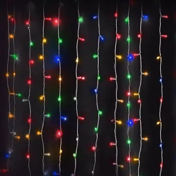 Luci decorative per tende, dimensioni 1x1 metro, RGB+giallo, alimentate con 3 batterie AA, ideali per occasioni festive