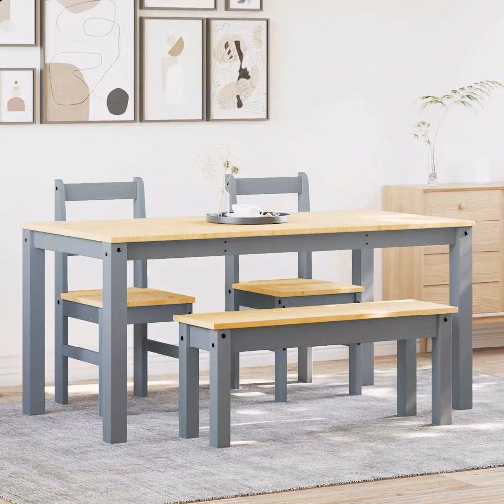 Set da pranzo vidaXL Panama in legno di pino cerato grigio composto da tavolo rettangolare e 4 sedute