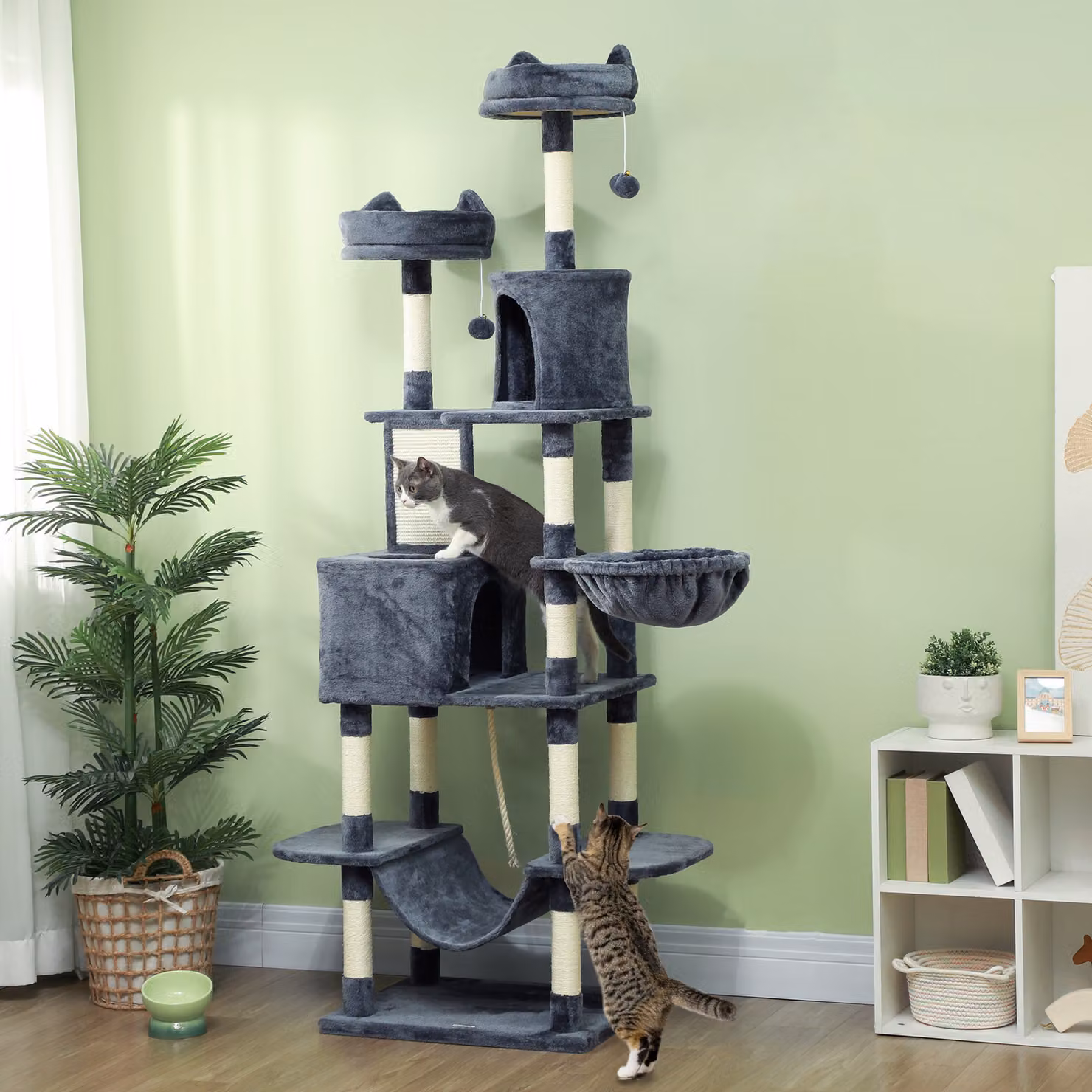 Tiragraffi per Gatti PawHut con Grotte, Amache e Pali in Sisal, Altezza: 206 cm, Grigio Scuro – 2