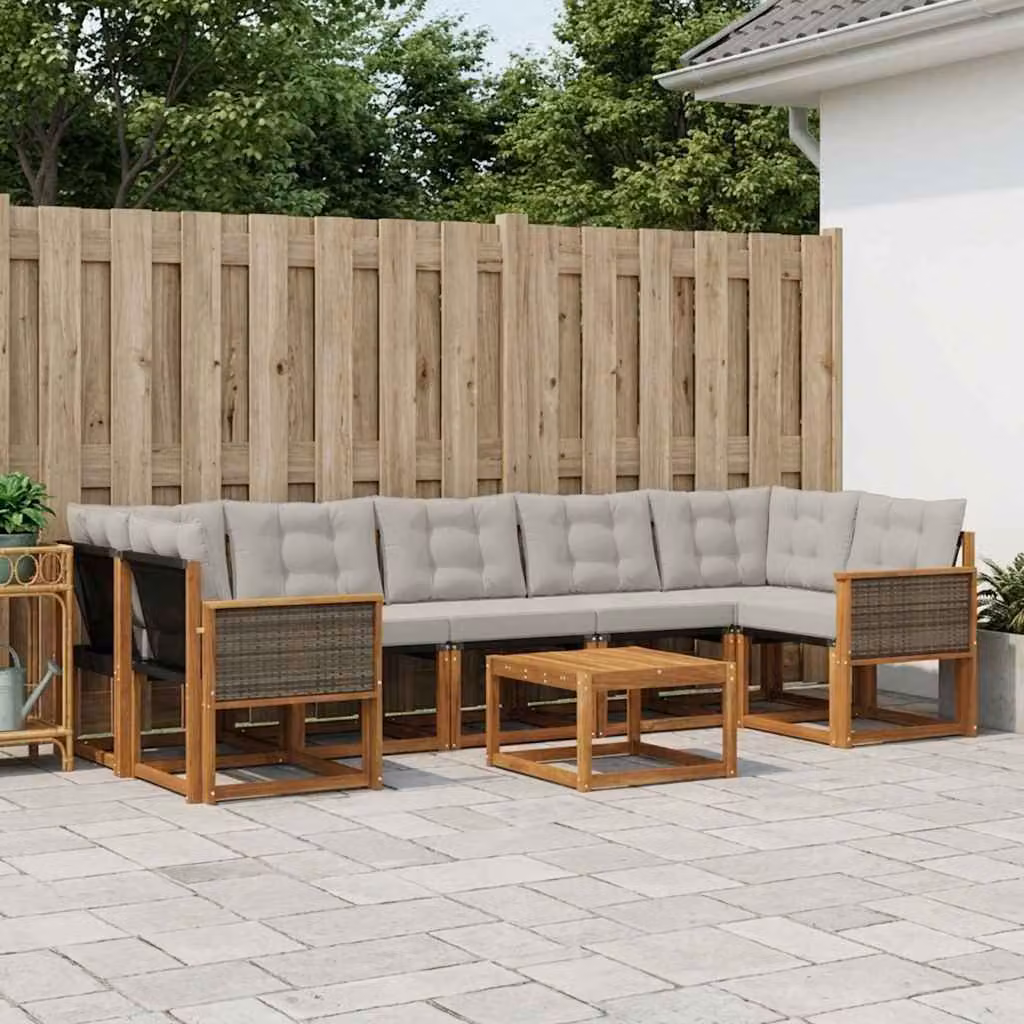 Set di divani da esterno vidaXL 8 pz in legno di acacia con cuscini e tavolino da giardino, colore marrone e grigio chiaro