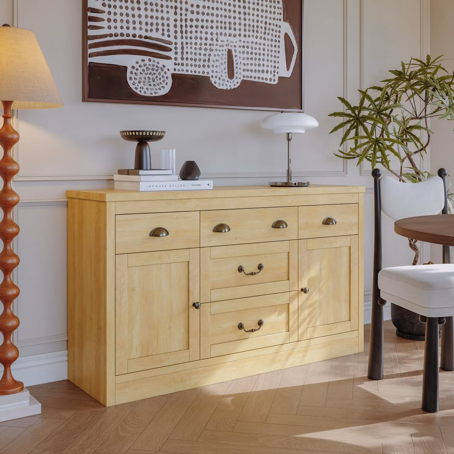 UnboxG Credenza per sala da pranzo effetto legno con 5 cassetti e 2 ante, credenza moderna / mobile buffet come mobile contenitore per cucina, sala da pranzo e soggiorno, colori naturali, 135 × 39,8 × 80 cm