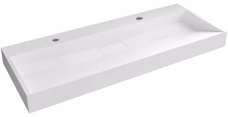 Lavabo in marmo composito Vita, disponibile sia da appoggio che da parete, con 2 fori per il miscelatore, finitura bianca lucida, dimensioni 120x46 cm