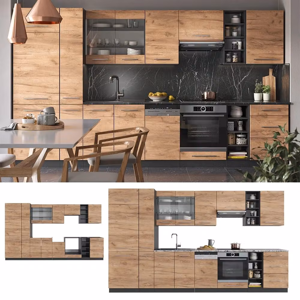 Cucina componibile moderna Vicco Fame-Line Rovere dorato e Antracite, L: 355 cm – 2