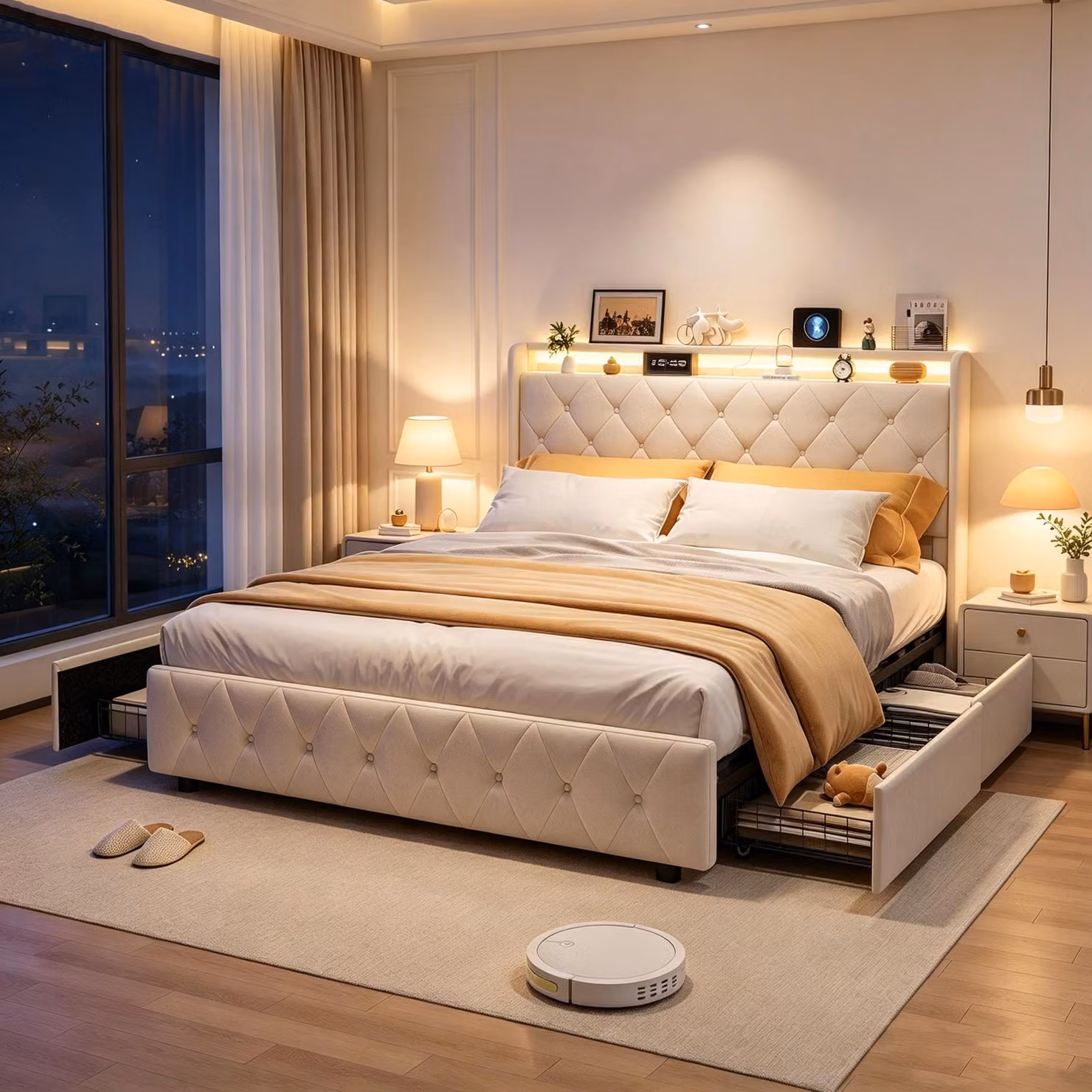 Letto matrimoniale con boxspring, imbottito, 140x200 cm, con LED e porte USB/C, dotato di 4 cassetti e rete a doghe, struttura letto con testiera contenitore, rivestito in velluto color beige