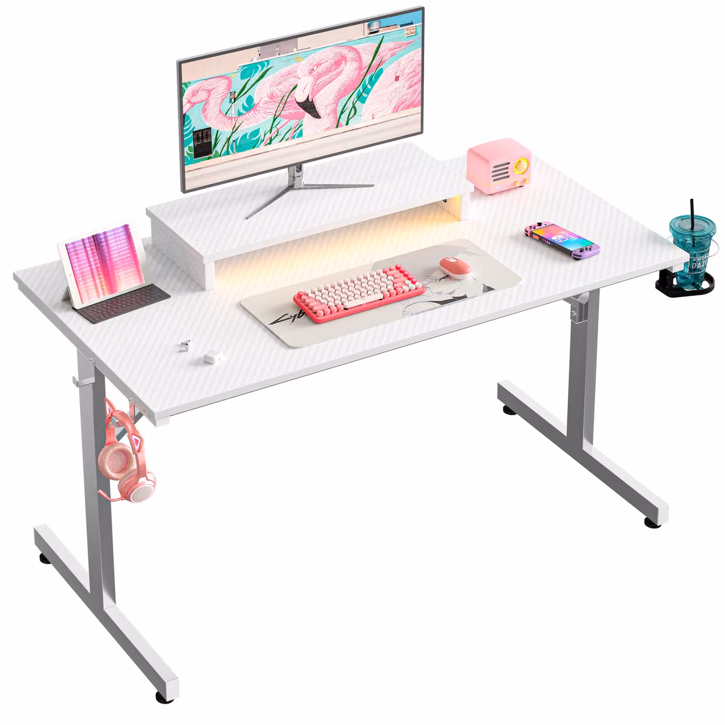 Scrivania da gaming Bestier 107 cm piccola con LED, tavolo da gaming, gancio per cuffie e portabicchieri, tavolo per computer