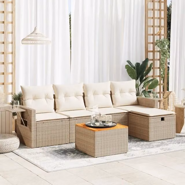 Set Divano da Giardino a L vidaXL in Polyrattan con 6 Pezzi e Cuscini Beige