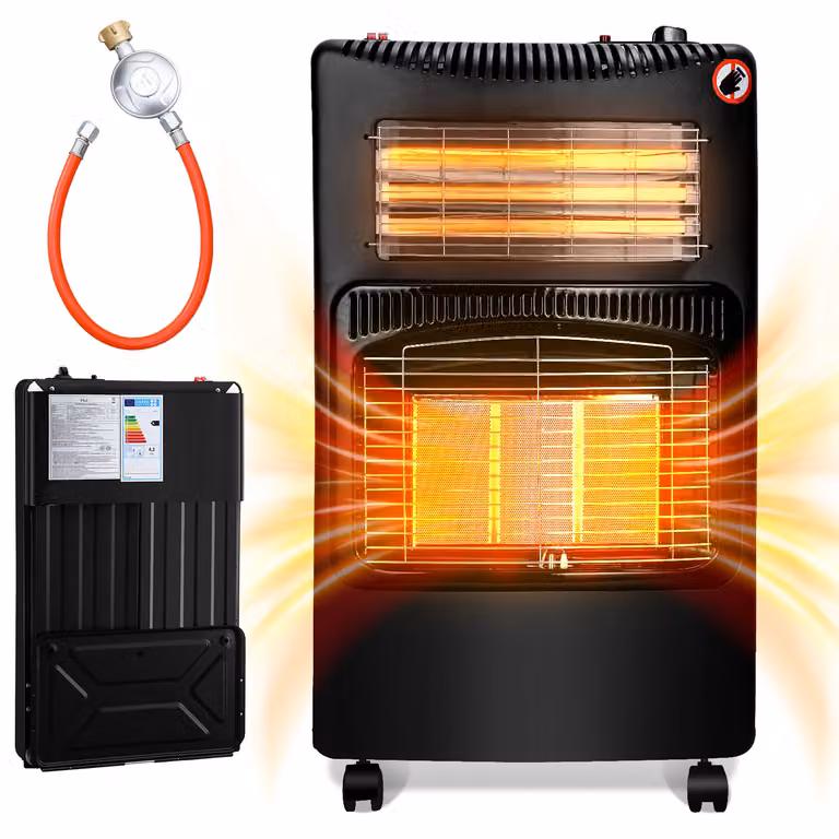 Riscaldatore a infrarossi a gas ed elettrico, colore nero, 4200 W/1200 W, 3 livelli di riscaldamento, protezione anticaduta, regolatore di pressione e tubo di 0,5 metri, modello portatile