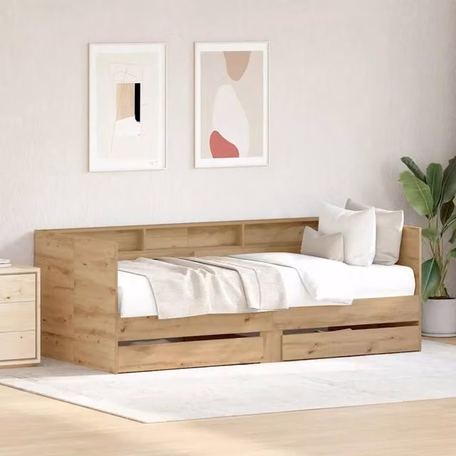 Daybed vidaXL in legno ingegnerizzato color rovere e beige con cassetti e stile rustico L/P/H: 193 x 80 x 86,5 cm