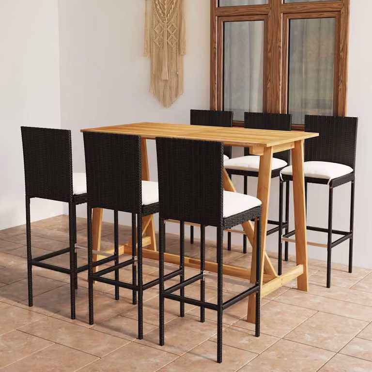 Set da Bar da Giardino 7 pz vidaXL in Polyrattan e Legno di Acacia con Cuscini Nero e Beige