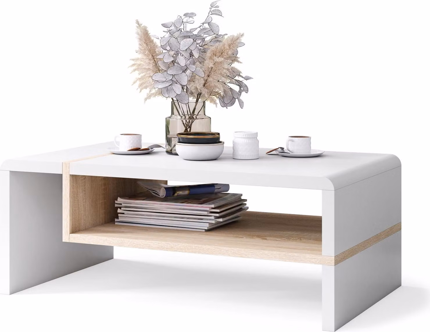 Tavolino da salotto All4All Figo, tavolino da caffè, tavolino da salotto, tavolino da divano con ripiano, tavolino da divano, 100x60 cm, 05, Bianco e rovere Sonoma
