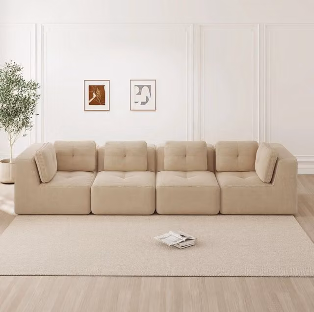 Divano angolare modulare in corduroy beige; senza montaggio