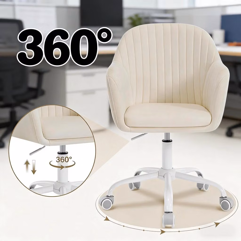 Sedia da Ufficio Girevole Moderna in Velluto Bianco con Braccioli e Ruote per Home Office – 2