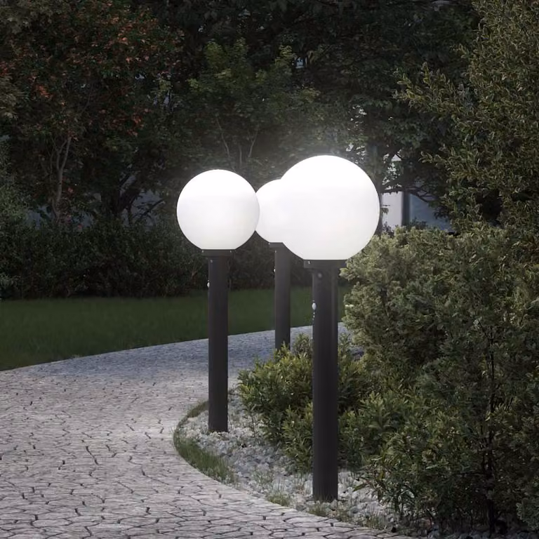 Set di 3 lampioni a paletto vidaXL neri con sensore di movimento per giardino, IP44, Altezza: 80 cm