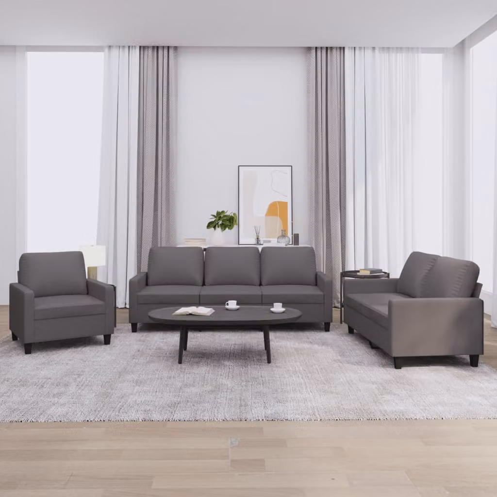 Set di divani 3 pezzi vidaXL in similpelle grigia con cuscini e braccioli per soggiorno – 1