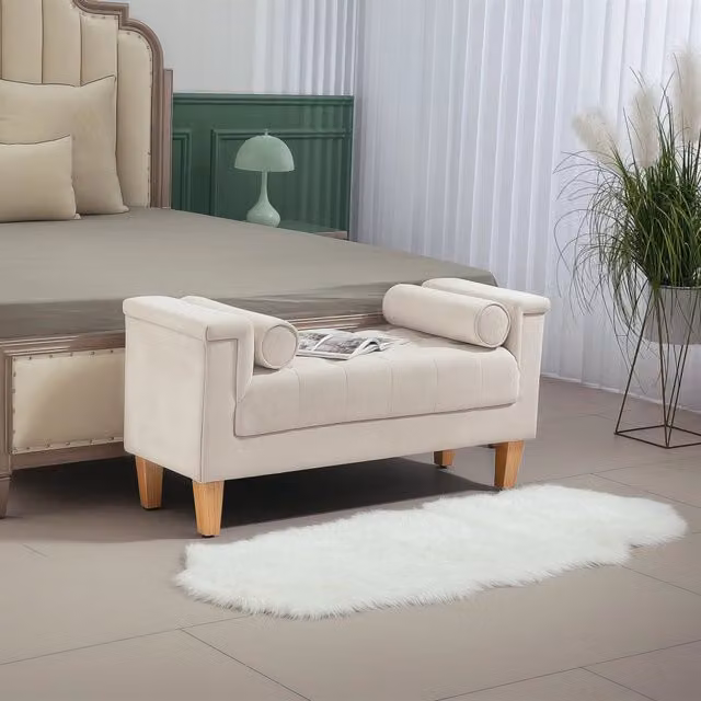 Panca imbottita WISHDOR in tessuto beige con struttura in legno e stile vintage, L: 150 cm, P: 44 cm, H: 58 cm
