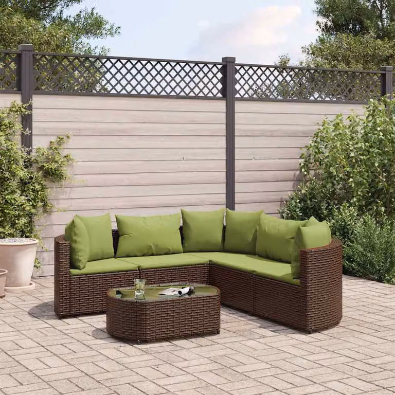 Set Divano da Giardino vidaXL 6 pz in Polyrattan Marrone e Verde con Cuscini e Tavolino da Esterno a Forma di L