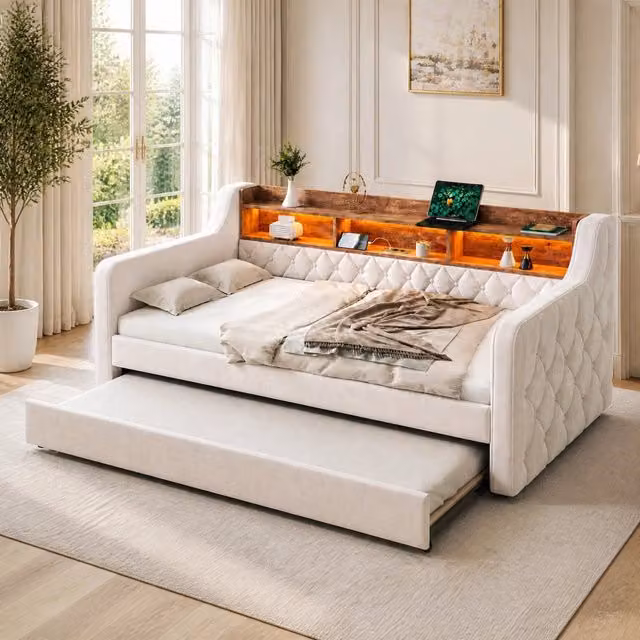 Letto estraibile REDOM in velluto beige con illuminazione LED, porta USB-C e ripiano laterale, dimensioni 90x190 cm