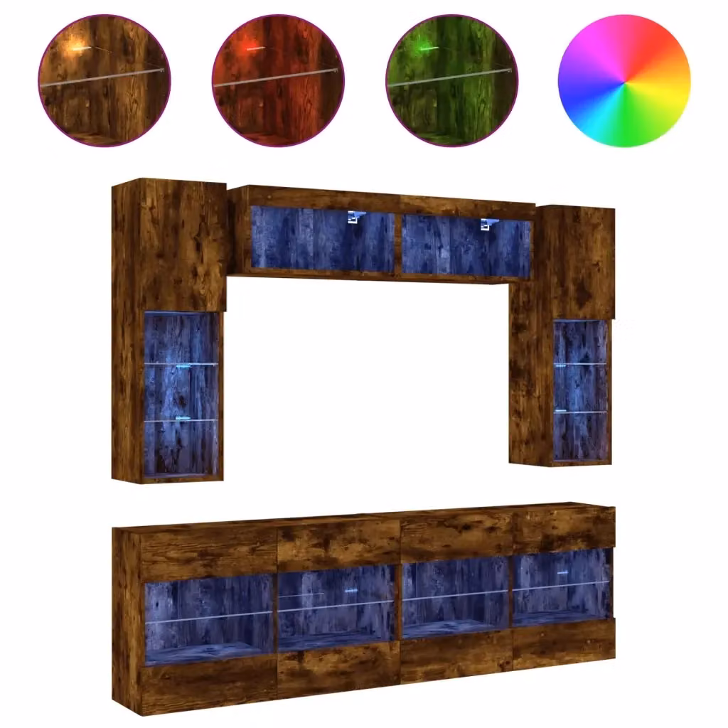 Set di mobili TV da parete moderno vidaXL in 6 pezzi con luci LED color rovere fumo e finitura opaca – 2