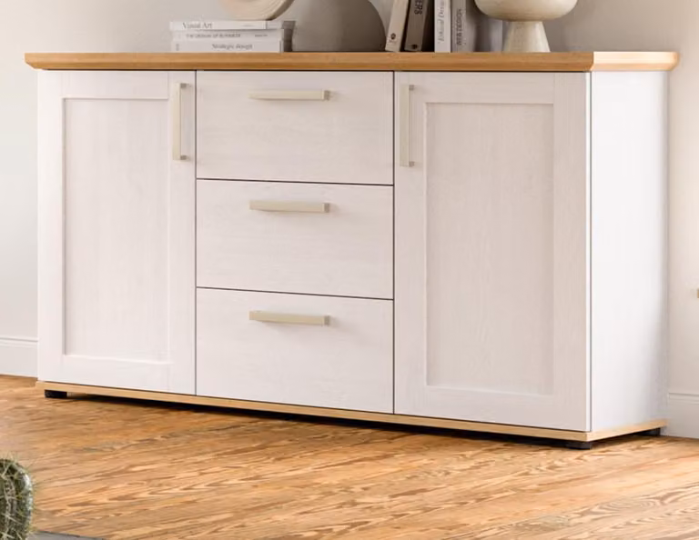 Credenza "Mirano" in larice bianco e rovere, cassettiera in stile rustico Artisan, 129 cm