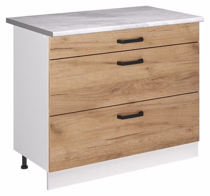 Mobiletto base per cucina Vicco R-Line Rovere dorato/Bianco 100 cm piano di lavoro Marmo, Model 71502