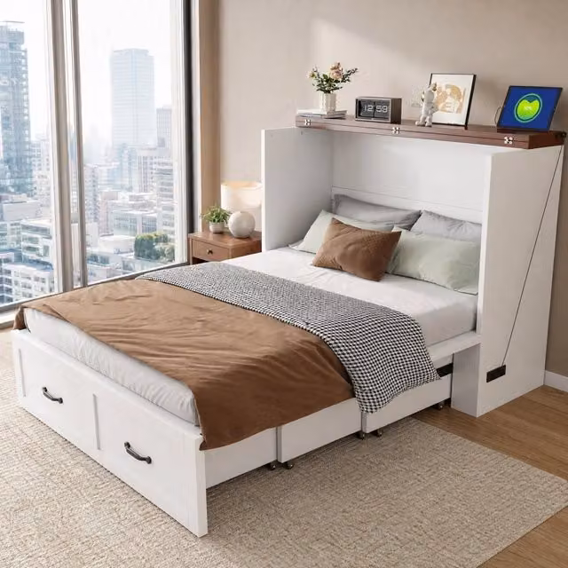 Letto pieghevole 140x200 cm con struttura estraibile, spazio contenitivo, presa elettrica europea, telaio in metallo, ruote silenziose, bianco