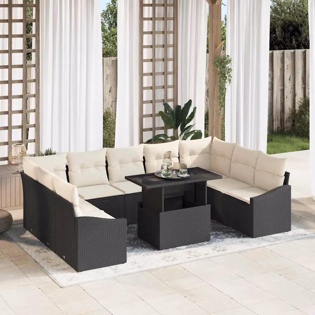 vidaXL Set Divano da Giardino a L con Tavolino e Ottoman, 10 Pezzi, Nero e Beige – 1