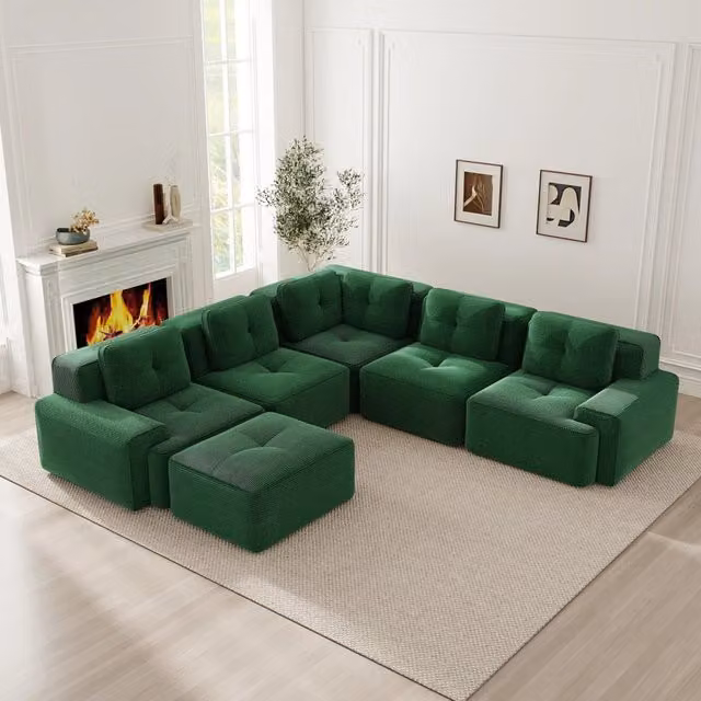 Divano angolare modulare OKWISH in velluto a coste verde con seduta profonda e schienale adattivo