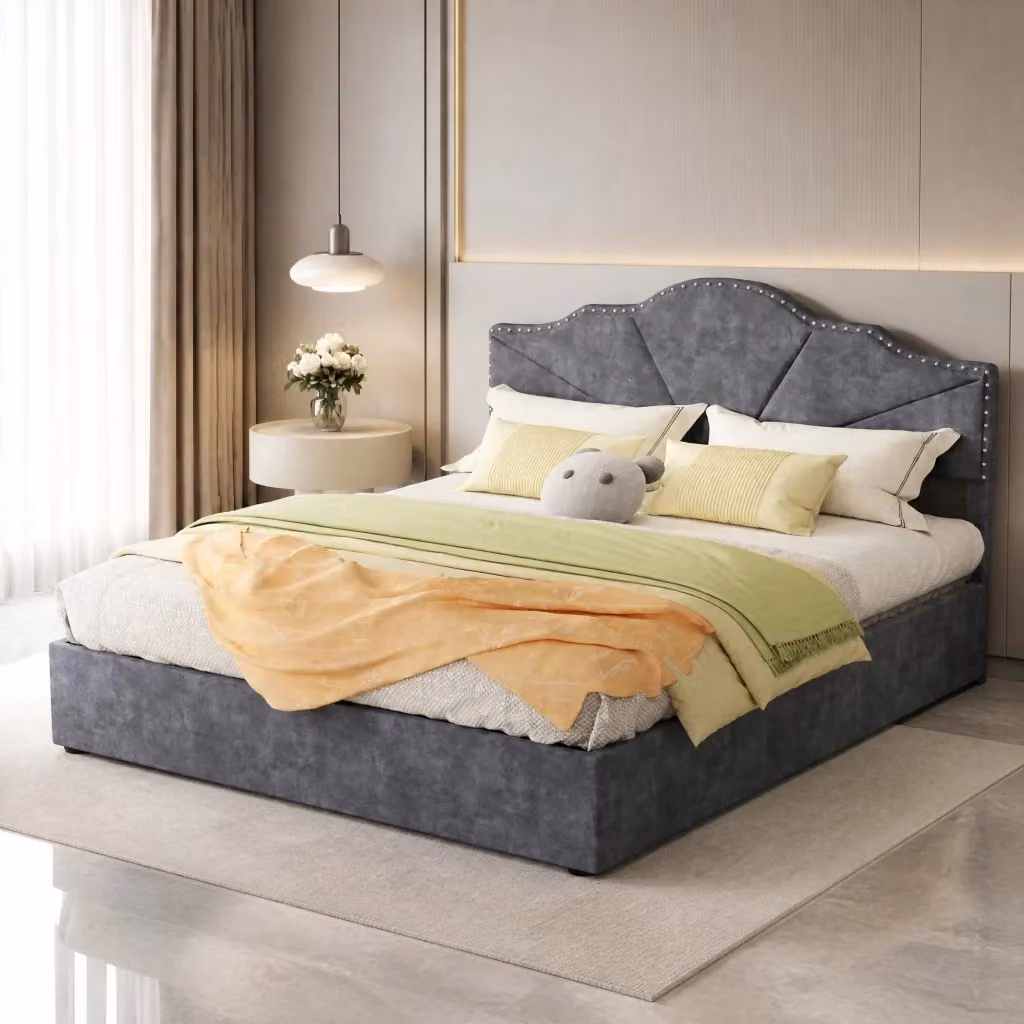Letto Mivray con testiera geometrica in tessuto grigio e struttura in metallo, L/P: 160 x 200 cm – 2