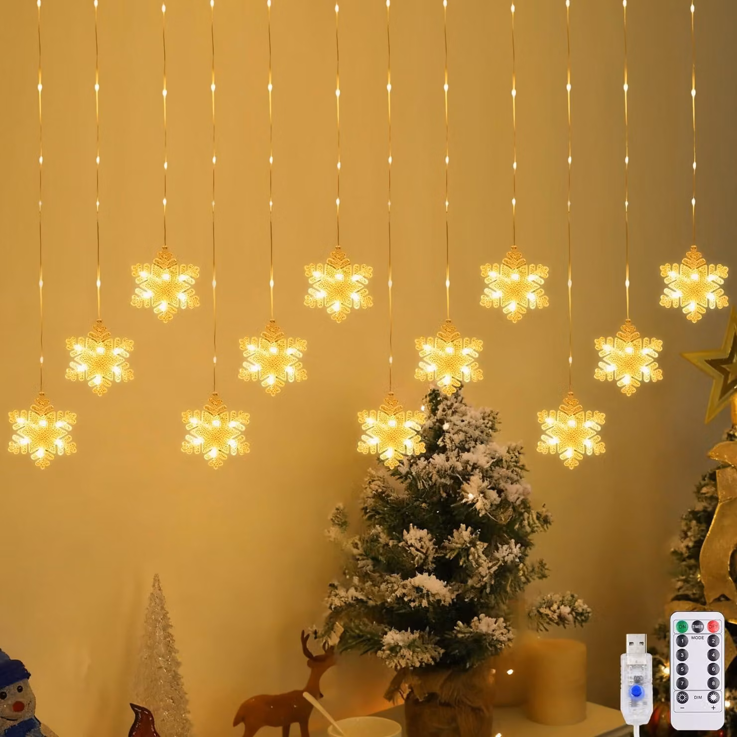 Tenda luminosa a LED, 3 metri, 204 LED, motivo fiocchi di neve, 8 effetti