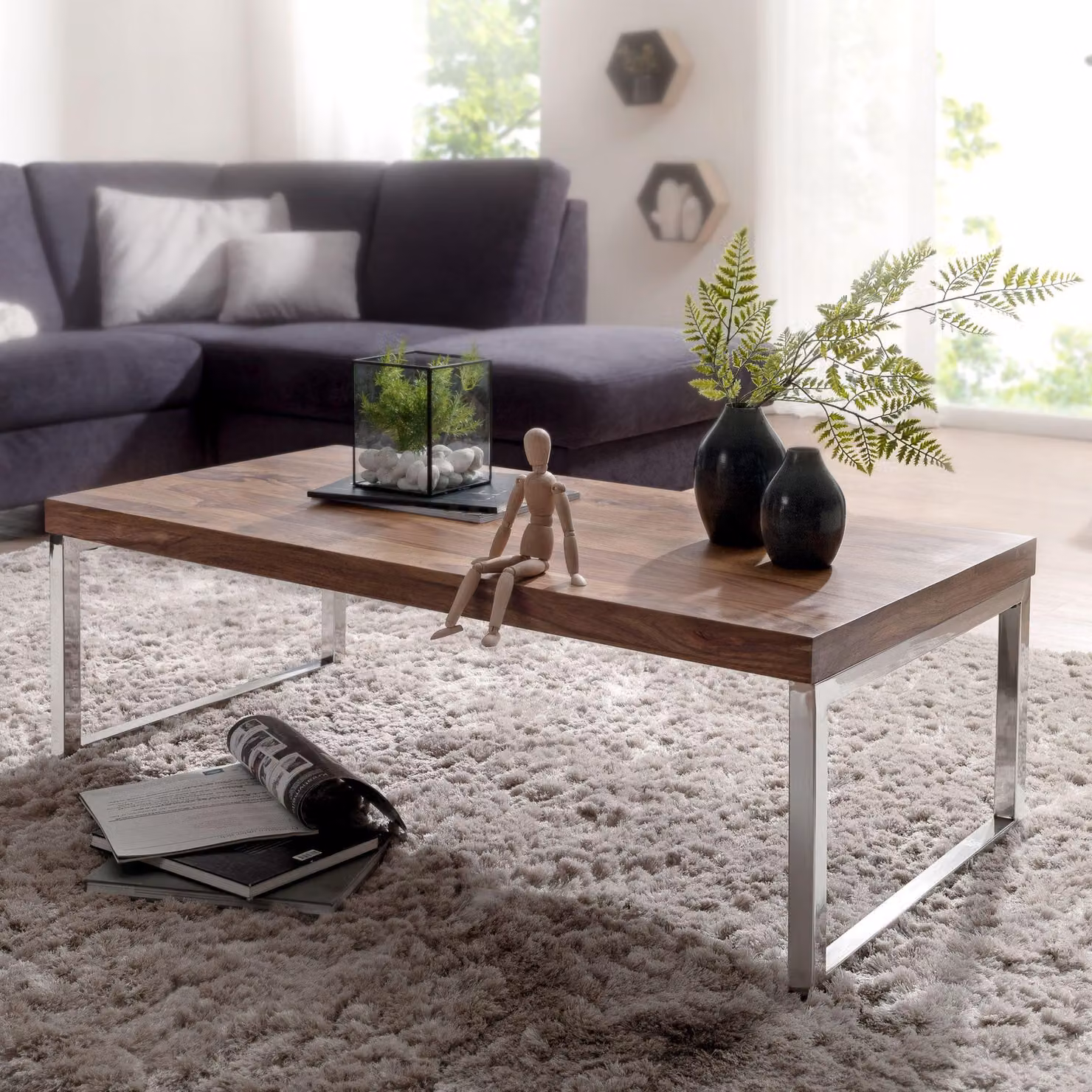 FineBuy, tavolino da caffè, 120 x 60 x 40 cm, legno massello di sheesham. Tavolino in legno massello, design elegante, ideale per il soggiorno. Tavolino laterale rettangolare, colore marrone