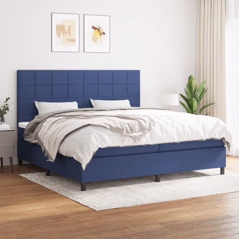 vidaXL Letto Ibrido con Giroletto a Molle e Materasso a Tasche Blu e Bianco L: 200 cm, P: 200 cm, H: 203 cm