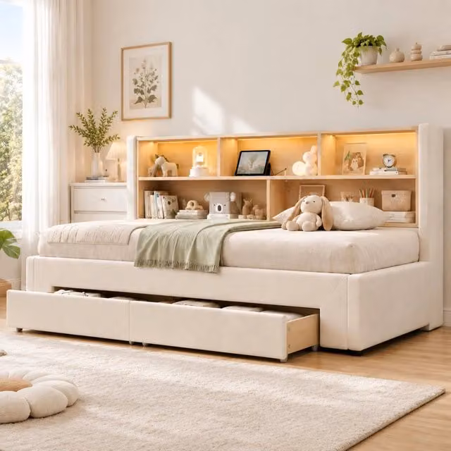 Divano letto in velluto beige 90x200 cm con cassetti, estraibile fino a 180 cm, con USB e illuminazione LED