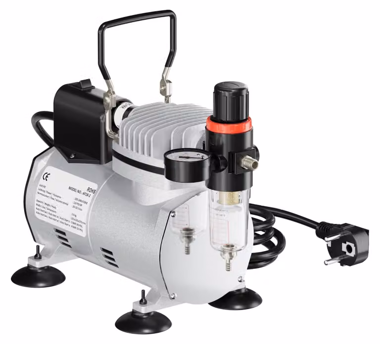 Compressore per aerografo, senza olio - Pressione di esercizio di 4 bar e 150 watt - Alloggiamento in alluminio e design compatto