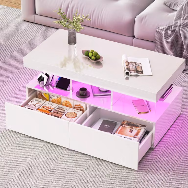 Tavolino da salotto - Tavolino da caffè - Tavolino per il soggiorno - Tavolino ausiliario - Tavolo - Bianco - Finitura lucida - Illuminazione LED - 2 cassetti