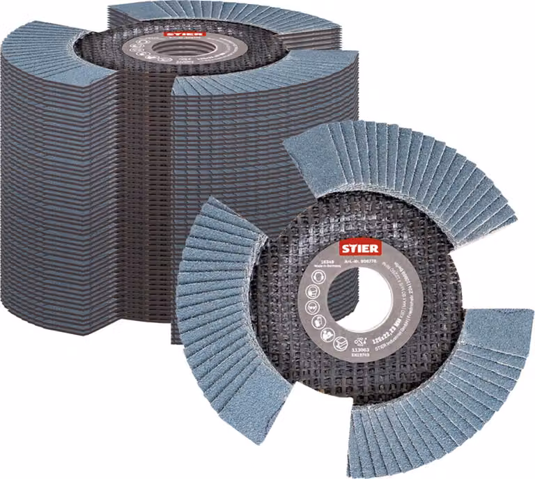 Disco lamellare STIER View Line 125 x 22,23 K60, per smerigliatrici angolari standard, qualità per la lavorazione dell'acciaio, struttura lamellare per una chiara visione del pezzo da lavorare