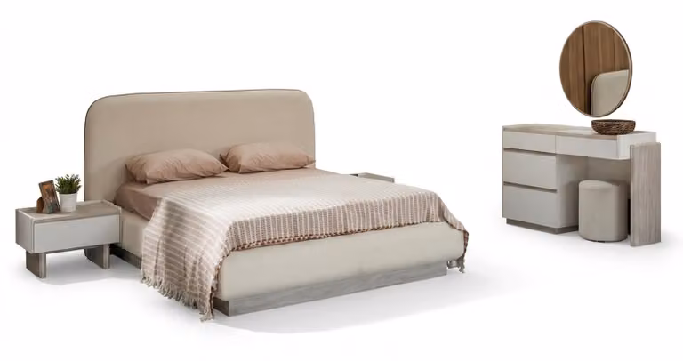 Bett 2x Nachttische Spiegel Beige Modern Edel Schminktisch Set