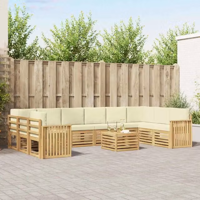 Set di divani da esterno vidaXL in legno di acacia con cuscini, bianco e beige, 11 pezzi