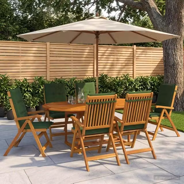 Set da pranzo da giardino vidaXL in legno di acacia oliato, 7 pezzi, colore marrone e verde, L/P/H: 200 x 75 x 75 cm – 1